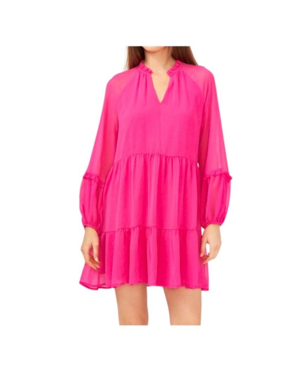 Arresting Orchid Pink Tiered Long-Sleeve Mini Dress With Ruffle Details Keyhole
